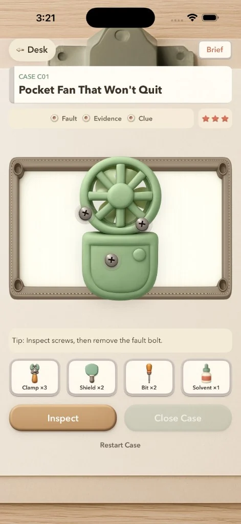 Inspecting the Pocket Fan case in Unscrew Adventure